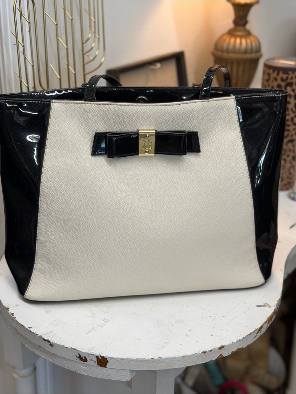 Anne Klein Black and Cream Patent Tote with Bow Accent
